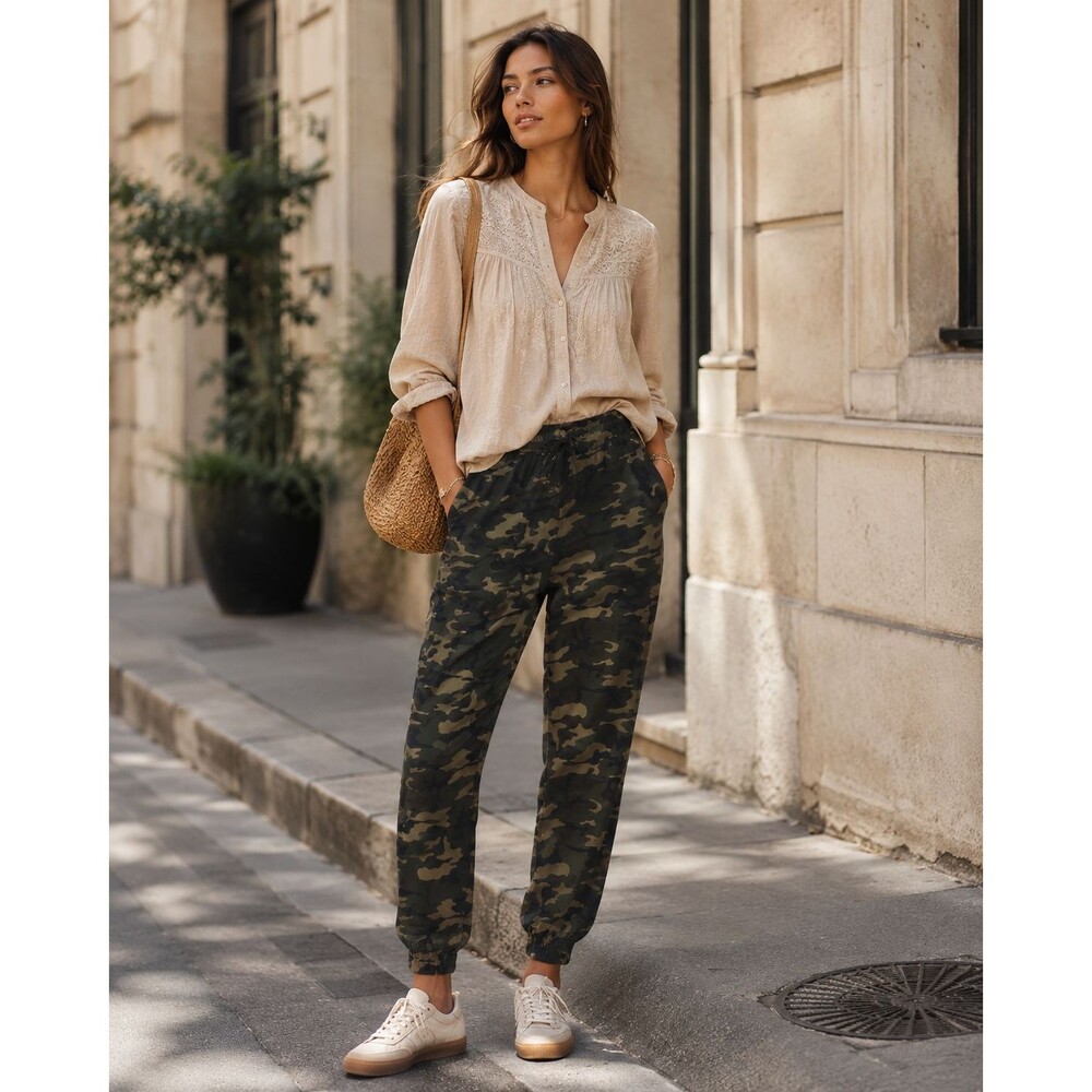 SONG Denim Camo Jogger Pants High Rise Elastic & Drawstring Sz 7/28 Cotton